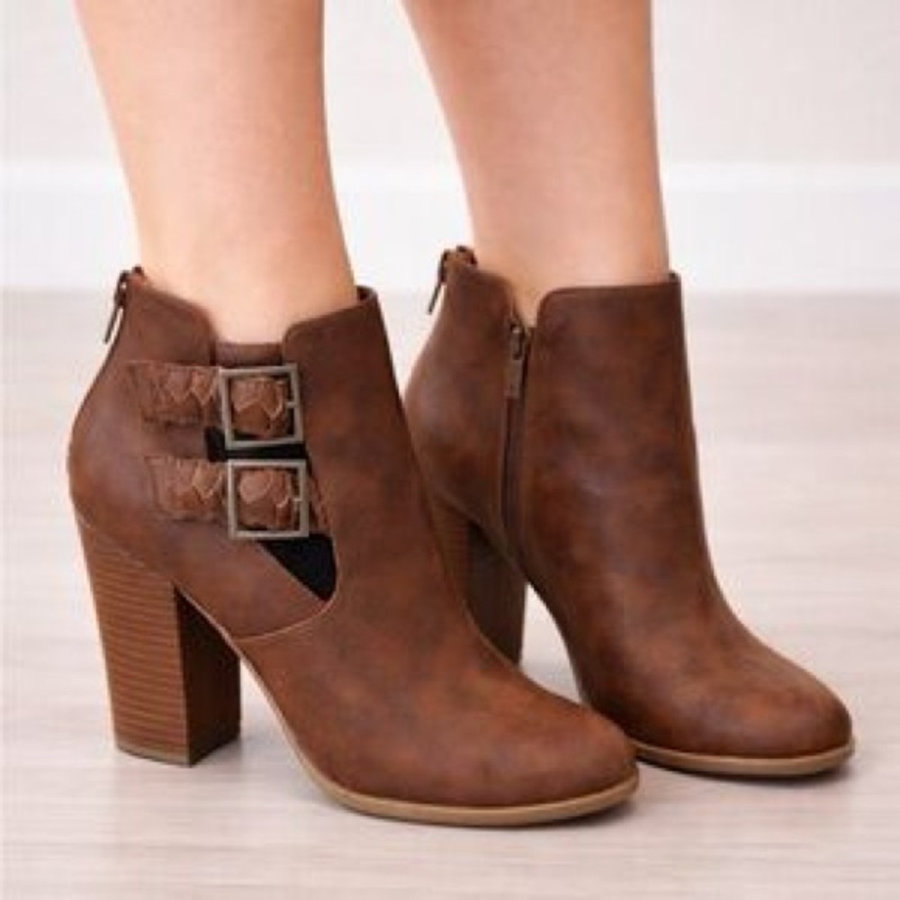 American Eagle Brown Ankle Booties with Stacked Heel & Cutout Buckle Detail